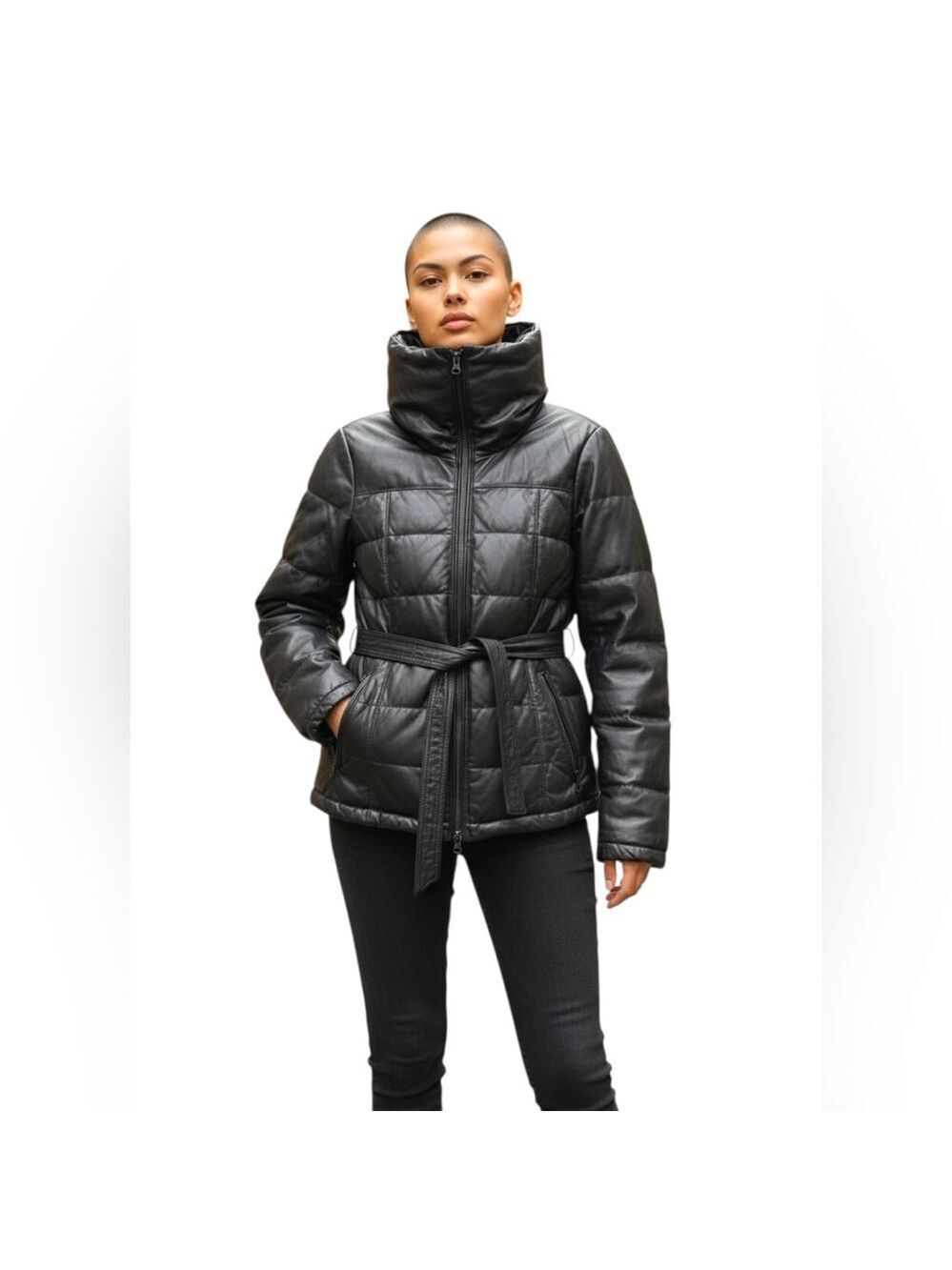 Danier Black Leather Puffer Jacket Sz XXS High Neck Bomber Quilted Winter Coat